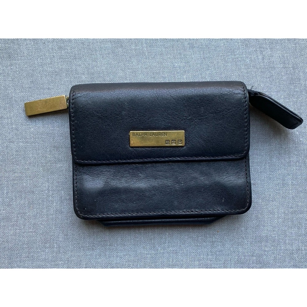 Ralph Lauren LRL Card Coin Cash Wallet Small Black Zip Snap Brass Pull Vintage